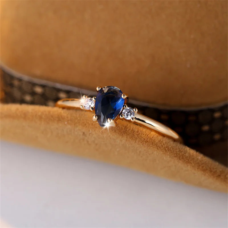 Minimalist Pear Cut Royal Blue Stone Water Drop Zircon Stacking Thin Rings For Women Gold Color Female Wedding Bands Jewelry CZ