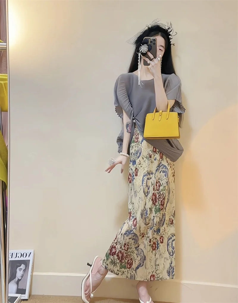 Dresses Elegant Party Dresses Woman New Summer Dress Wearing a Slim Gray Pleated Short-sleeved Shirt Printed Skirt Suit Dress