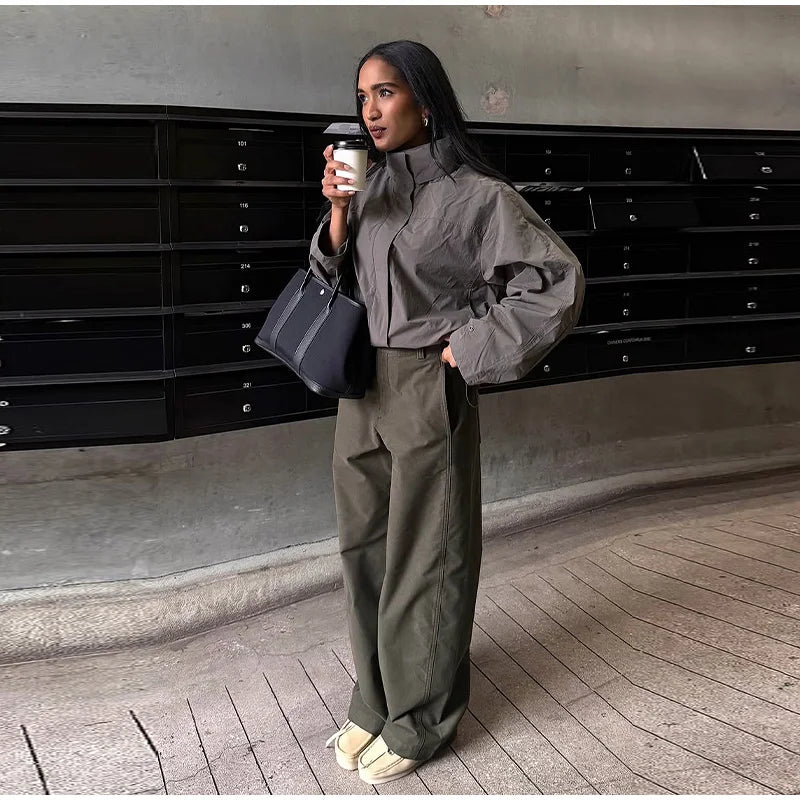 Cropped Bomber Jacket Thin Coat Women Loose Fit Stand Collar Solid Women's Top Autumn Outerwear Casual Daily Streetwear