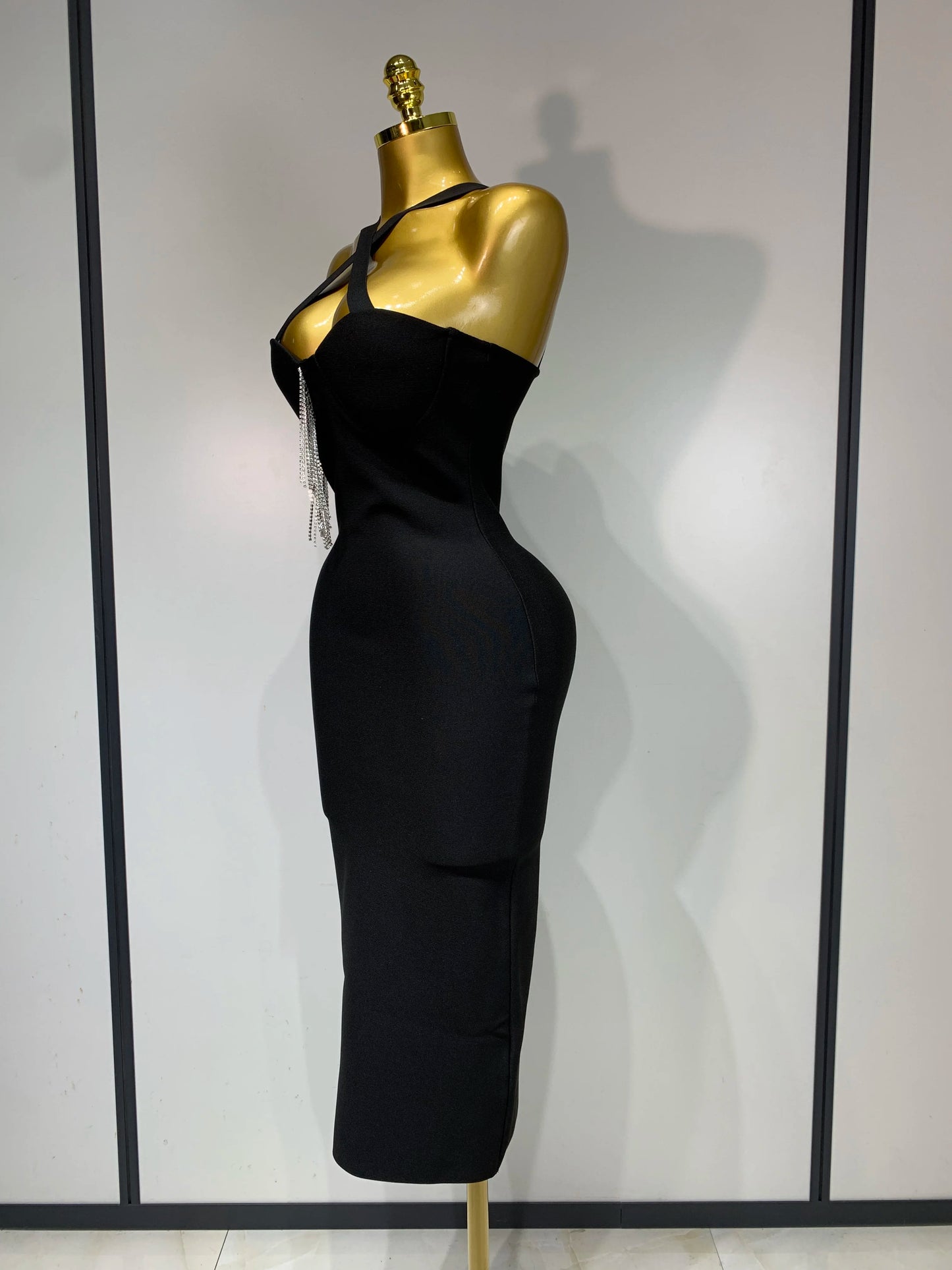 Women Sexy Diamonds Tassel Crystal Midi Black Bodycon Bandage Dress 2025 Elegant Evening Party Luxury Birthday Dresses Vestido