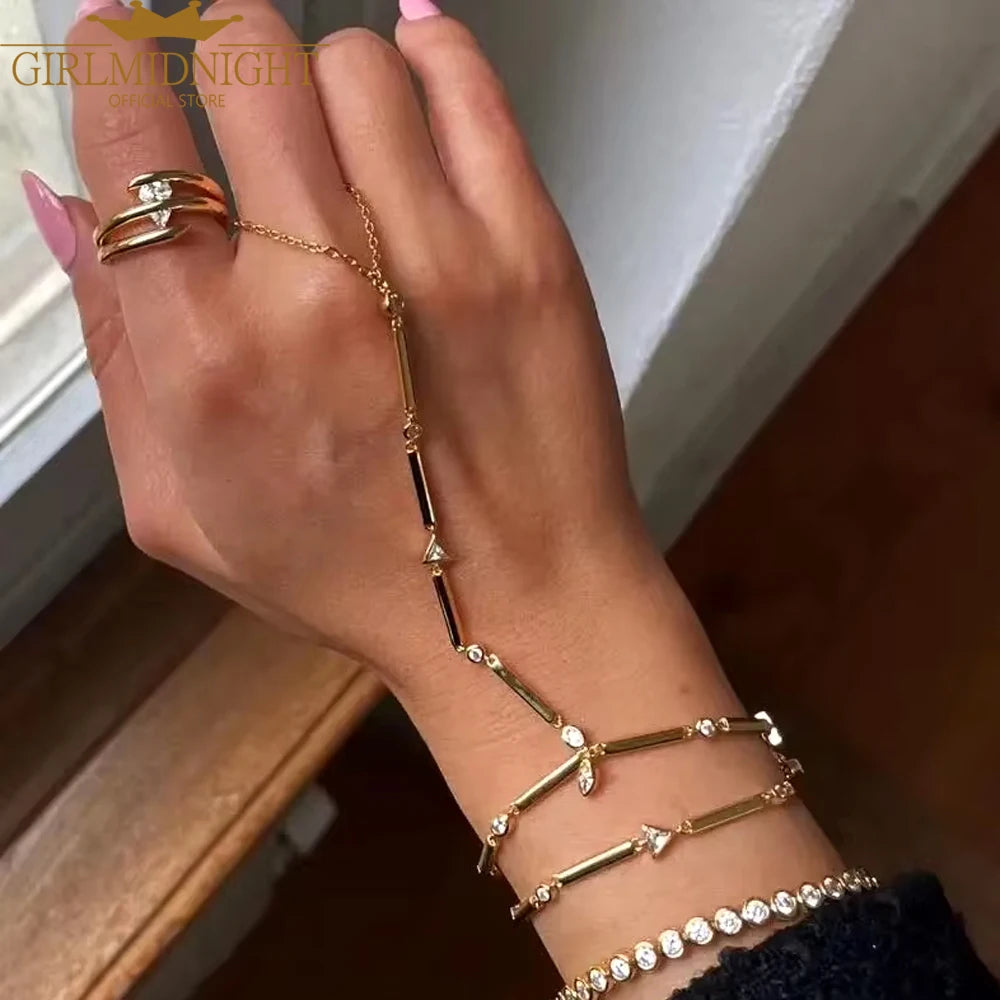High Quality Long Tassel With Slippy Bar Bling Round Oval Triangle CZ Setting Women Unique Bracelet Wrap One's Finger Jewelry