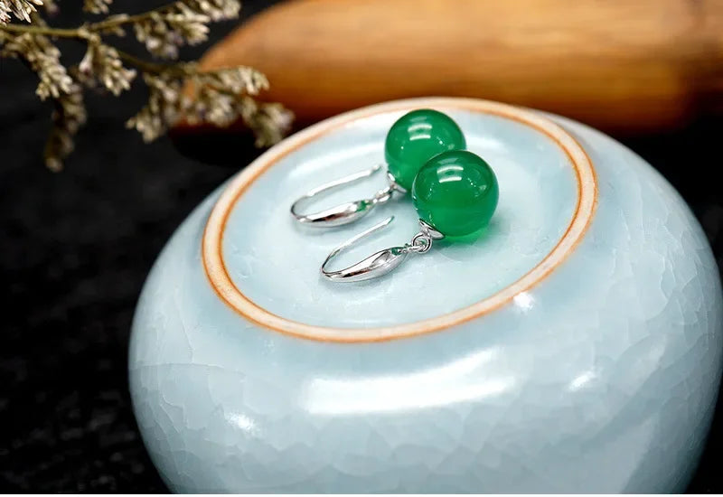 S925 Silver Color Green Emerald Jewelry Earring Natural Green Jade Silver 925 Jewelry Party Orecchini Drop Earring Women Grils