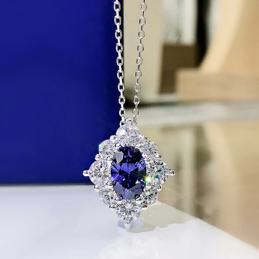 Huitan Blue Cubic Zirconia Pendant Silver Color Necklace for Women Temperament Elegant Wedding Anniversary Party Fashion Jewelry