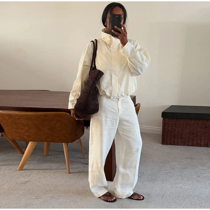 Cropped Bomber Jacket Thin Coat Women Loose Fit Stand Collar Solid Women's Top Autumn Outerwear Casual Daily Streetwear