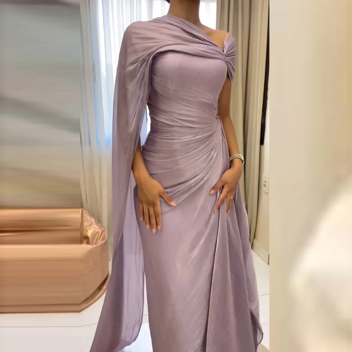 Sharon Said Elegant Lilac One-Should Dubai Evening Dress with Draped Cape Arabic for Women Wedding Dress Gown SF199 Customized