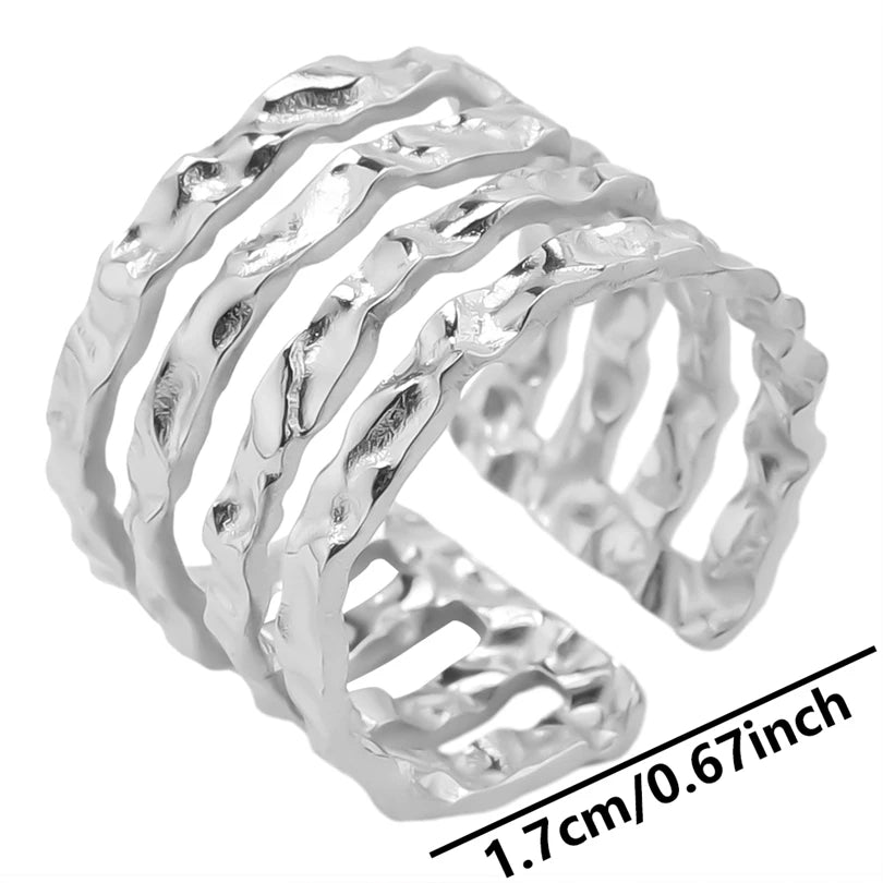 6Pcs/Lot Stainless Steel Exaggerated Irregular Hammered Chunky Open Rings Vintage Personality Hollow Layered Men Anillos Jewelry