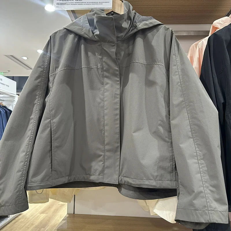 Cropped Bomber Jacket Thin Coat Women Loose Fit Stand Collar Solid Women's Top Autumn Outerwear Casual Daily Streetwear