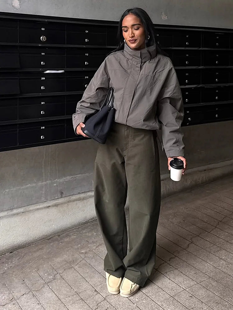 Cropped Bomber Jacket Thin Coat Women Loose Fit Stand Collar Solid Women's Top Autumn Outerwear Casual Daily Streetwear