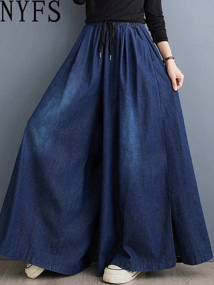 NYFS 2025 New Autumn Vintage Woman Jeans Loose Plus size Slit Trousers Elastic Waist Belt Denim Wide Leg Pants (Copy)