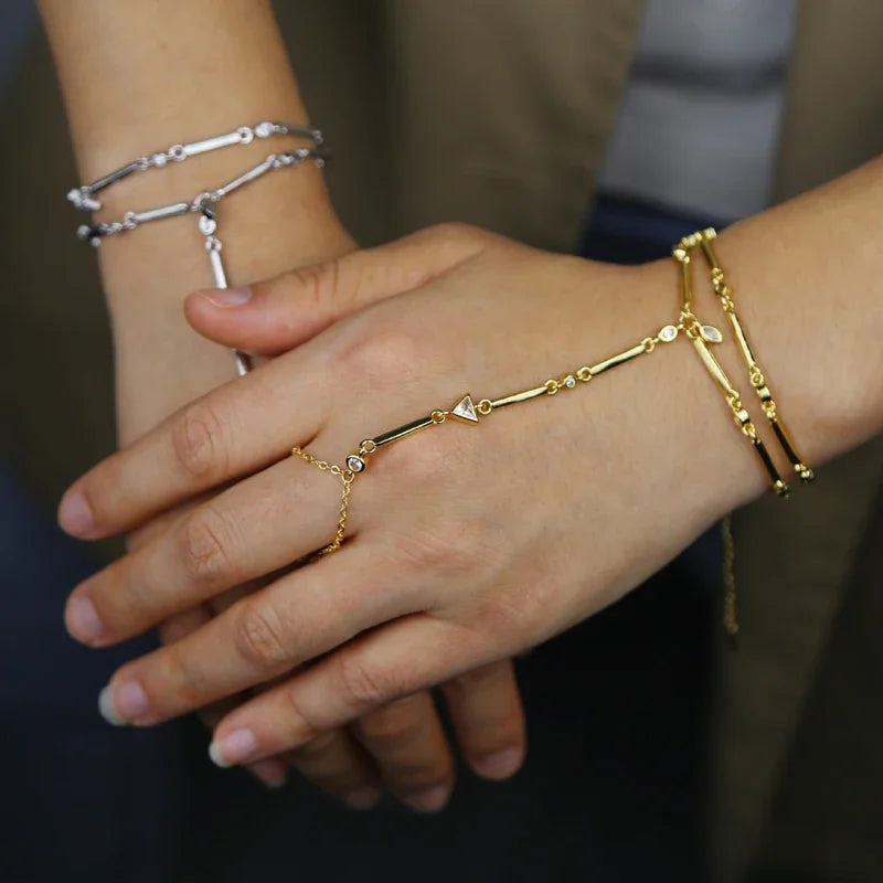 High Quality Long Tassel With Slippy Bar Bling Round Oval Triangle CZ Setting Women Unique Bracelet Wrap One's Finger Jewelry