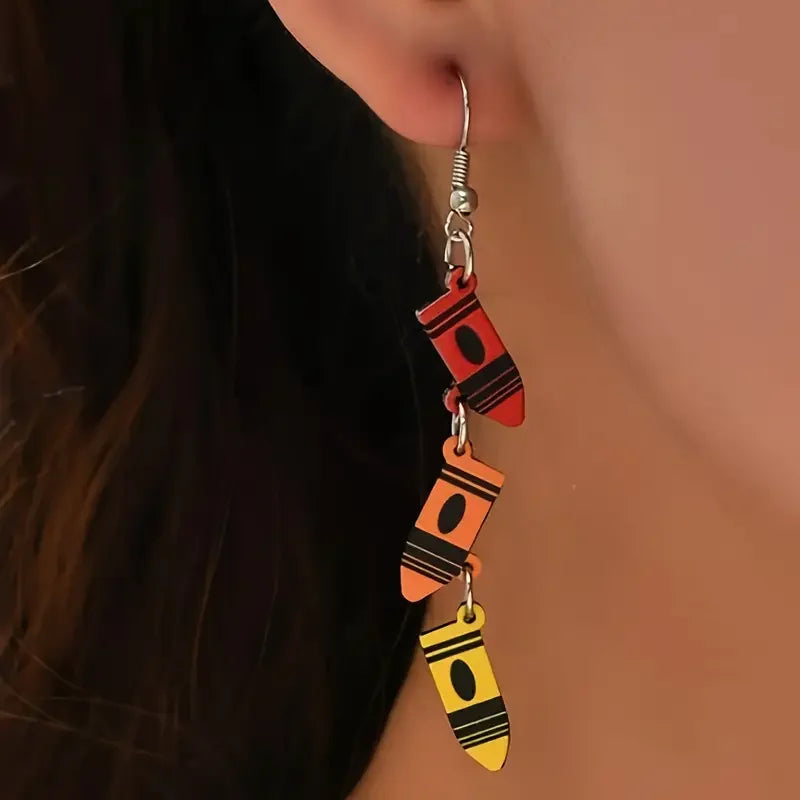 Colorful Crayon Pendant Earrings, Bohemian Style, Cartoon Design, Rainbow Tassel, Fashion Jewelry, Teacher Gift, Ladies Dangle E