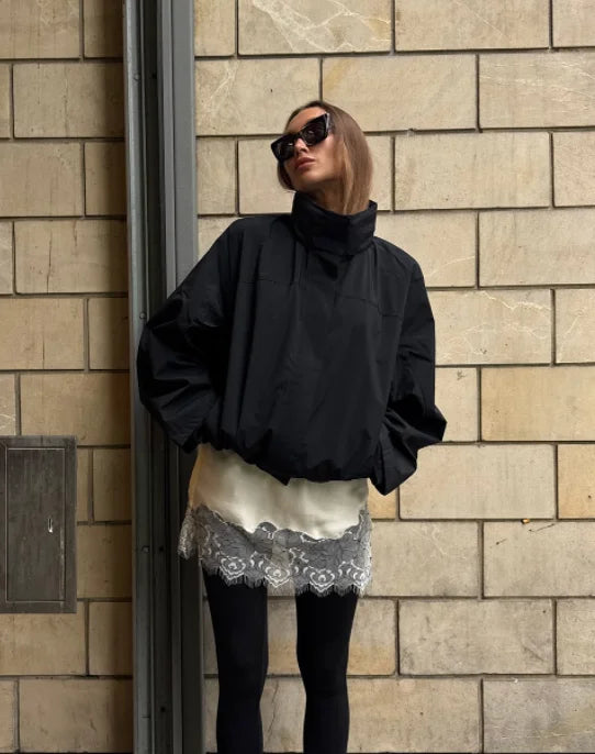 Cropped Bomber Jacket Thin Coat Women Loose Fit Stand Collar Solid Women's Top Autumn Outerwear Casual Daily Streetwear