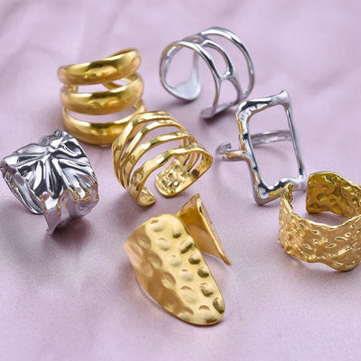 6Pcs/Lot Stainless Steel Exaggerated Irregular Hammered Chunky Open Rings Vintage Personality Hollow Layered Men Anillos Jewelry
