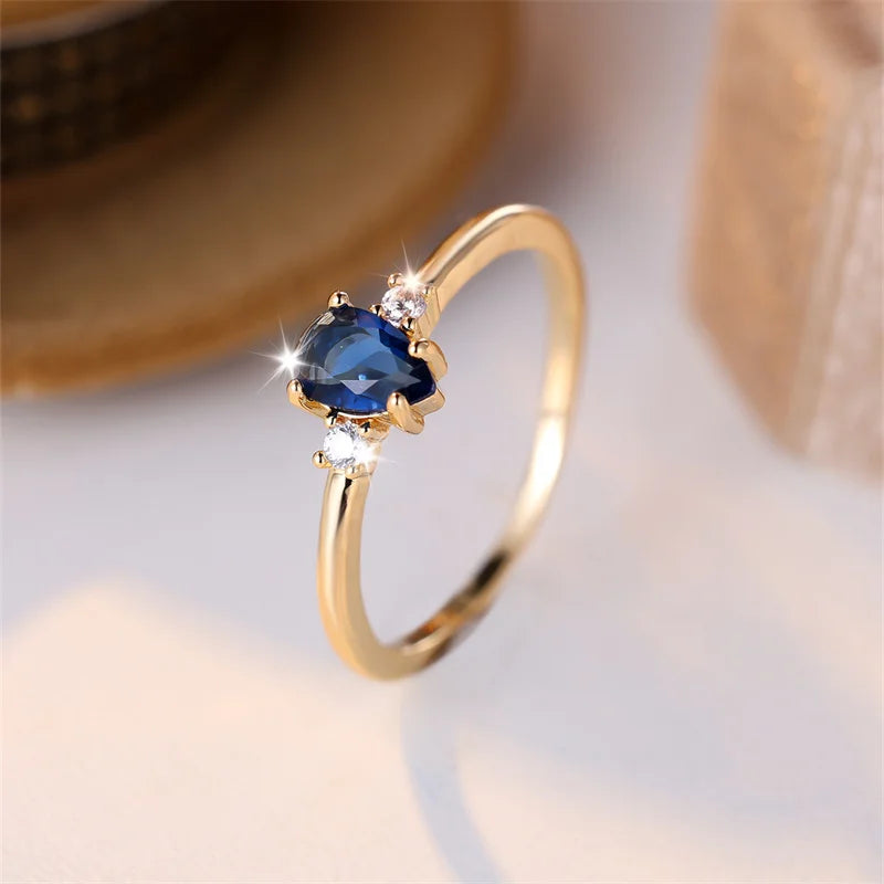 Minimalist Pear Cut Royal Blue Stone Water Drop Zircon Stacking Thin Rings For Women Gold Color Female Wedding Bands Jewelry CZ