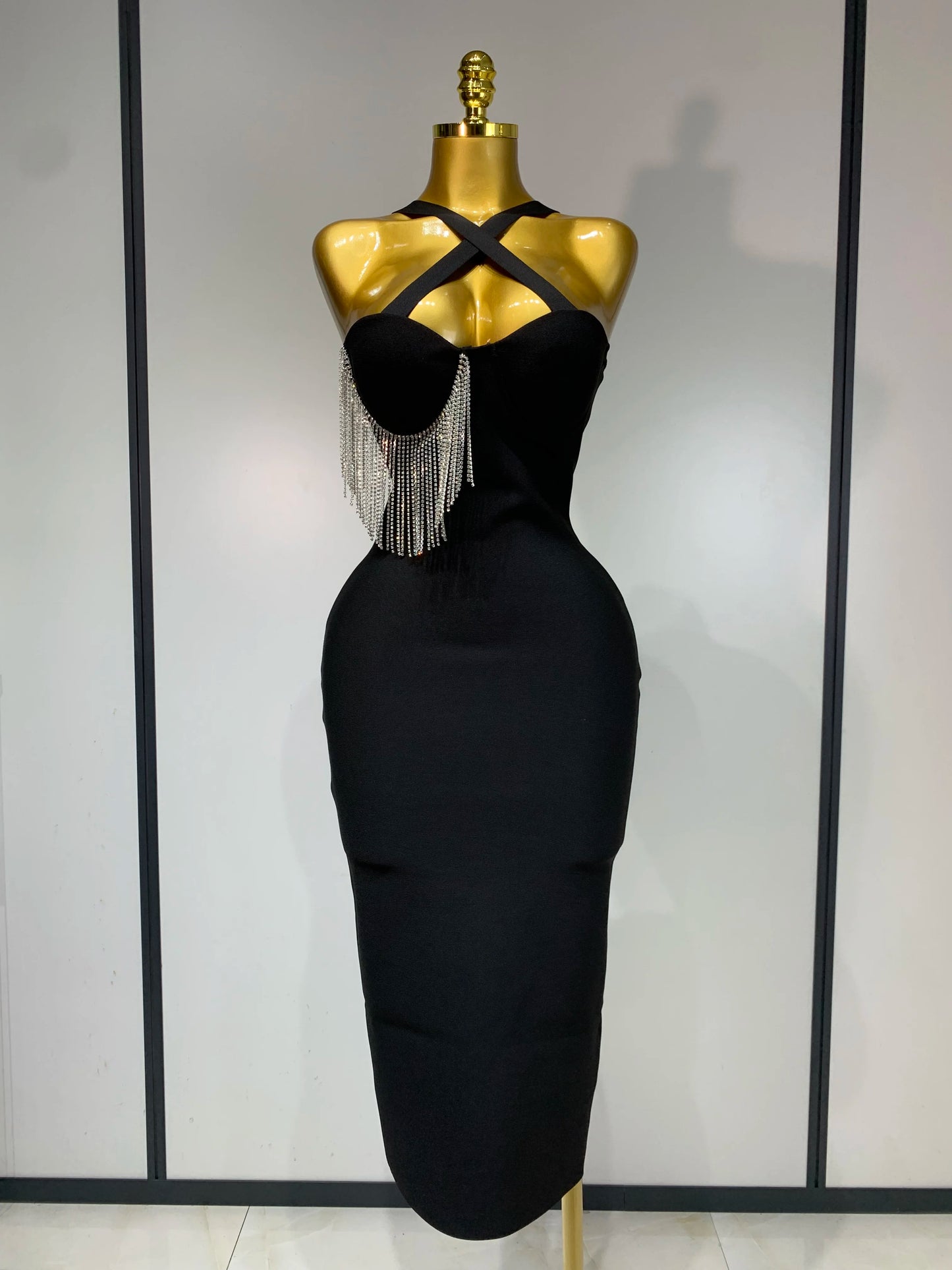 Women Sexy Diamonds Tassel Crystal Midi Black Bodycon Bandage Dress 2025 Elegant Evening Party Luxury Birthday Dresses Vestido