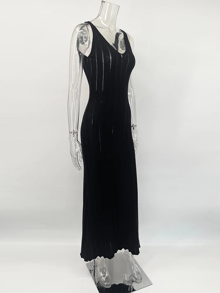 Trendix Knit Backless Dress For Women V Neck Slim Sleeveless Suspender Maxi Dress Vacation Sexy Beach Knitted Elegant Long Dress