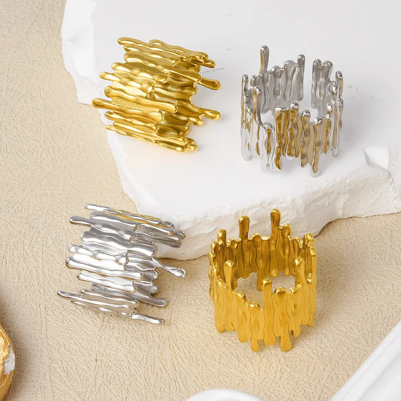 6Pcs/Lot Stainless Steel Exaggerated Irregular Hammered Chunky Open Rings Vintage Personality Hollow Layered Men Anillos Jewelry