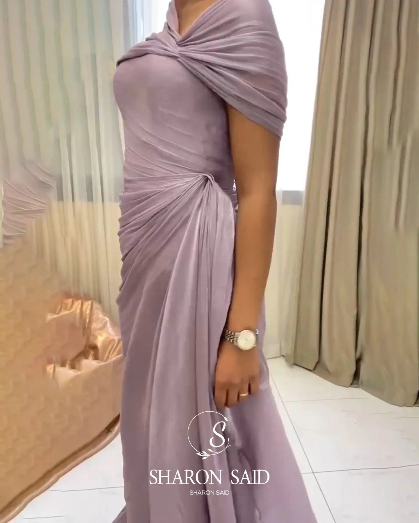 Sharon Said Elegant Lilac One-Should Dubai Evening Dress with Draped Cape Arabic for Women Wedding Dress Gown SF199 Customized