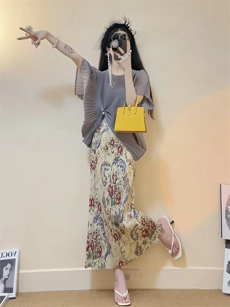 Dresses Elegant Party Dresses Woman New Summer Dress Wearing a Slim Gray Pleated Short-sleeved Shirt Printed Skirt Suit Dress