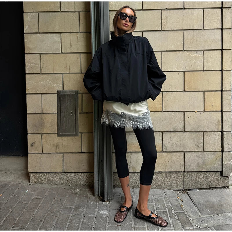 Cropped Bomber Jacket Thin Coat Women Loose Fit Stand Collar Solid Women's Top Autumn Outerwear Casual Daily Streetwear