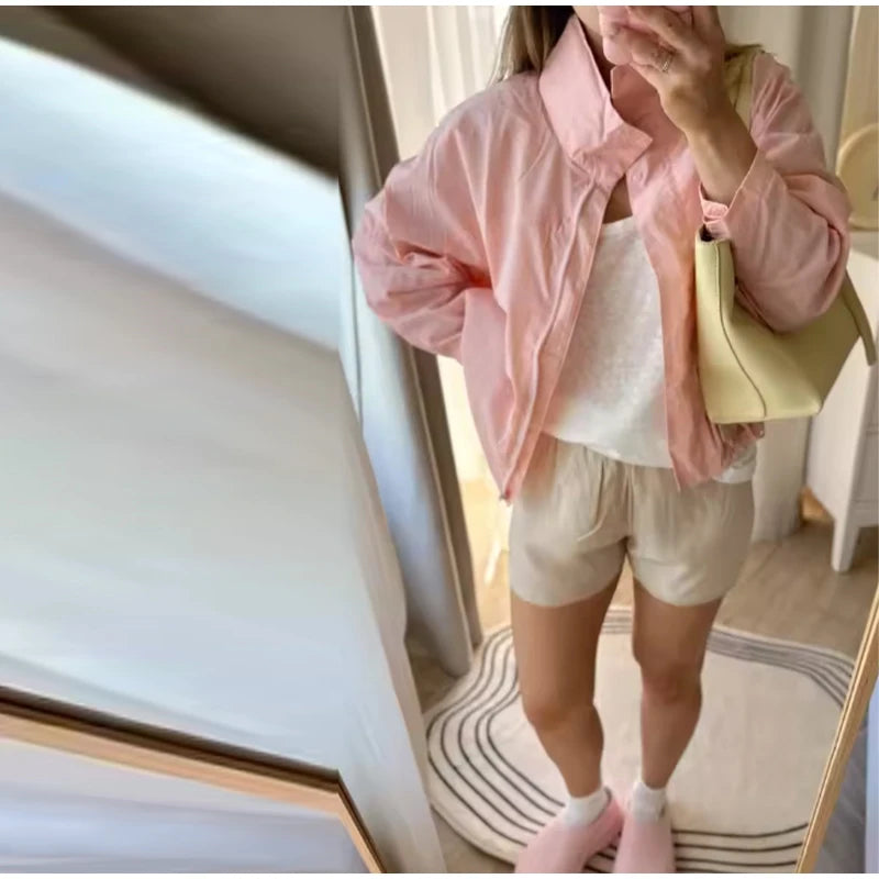 Cropped Bomber Jacket Thin Coat Women Loose Fit Stand Collar Solid Women's Top Autumn Outerwear Casual Daily Streetwear