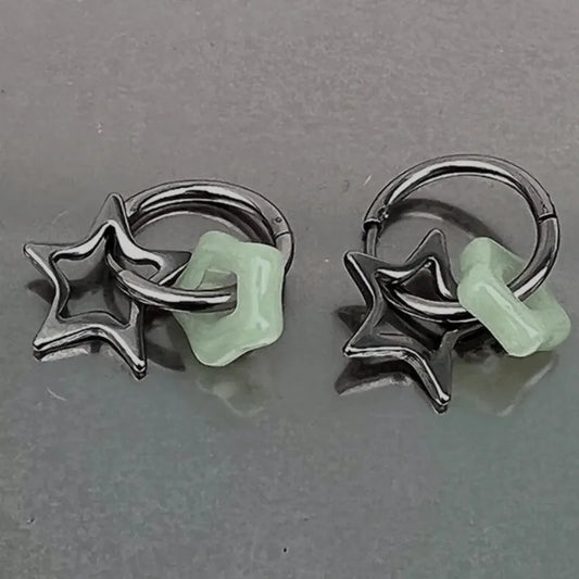 Personality Pentagonal Star Drop Dangle Earrings for Women Girl Vintage Charm Green Opal Hoop Earring Hip Hop Rock Jewelry Gift