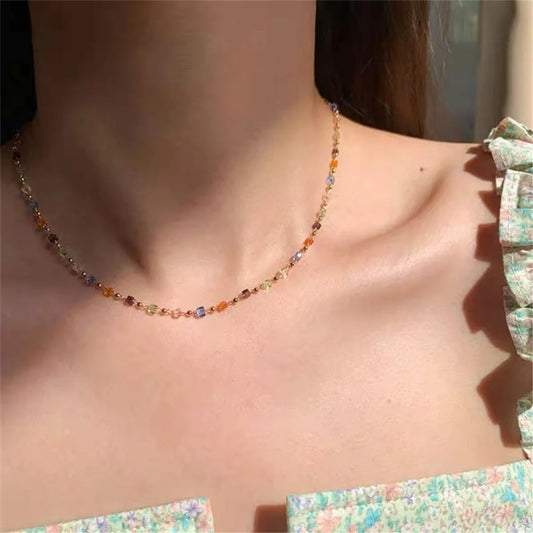 Simple Colorful Square Acrylic Choker Fashion Gold Color Bead Chain Necklace Vintage Crystal Necklace For Women  Party Jewelry