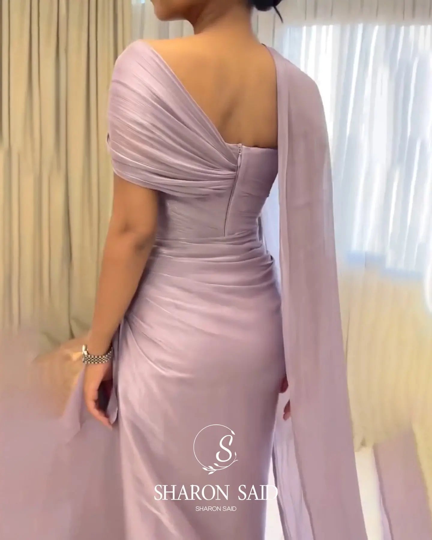 Sharon Said Elegant Lilac One-Should Dubai Evening Dress with Draped Cape Arabic for Women Wedding Dress Gown SF199 Customized
