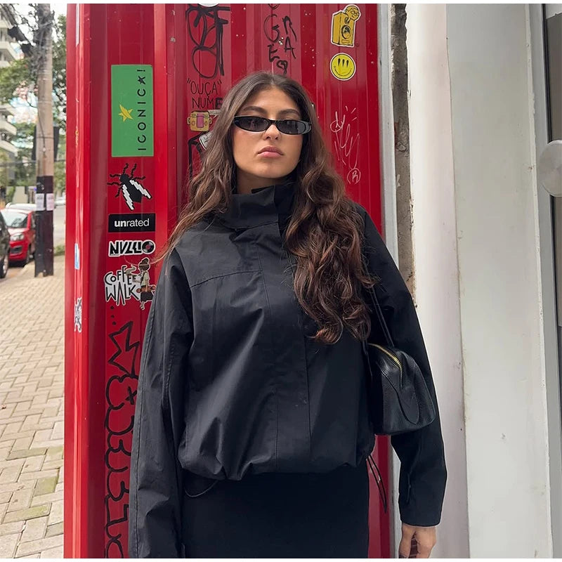 Cropped Bomber Jacket Thin Coat Women Loose Fit Stand Collar Solid Women's Top Autumn Outerwear Casual Daily Streetwear