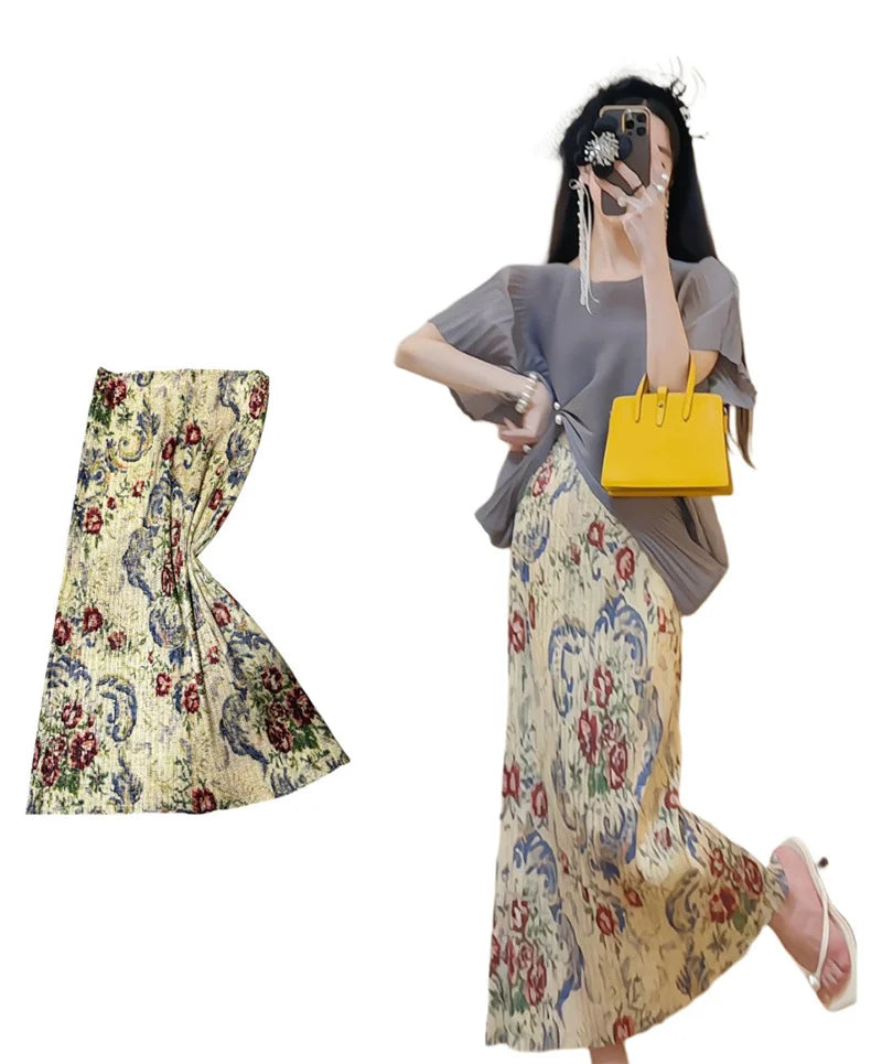 Dresses Elegant Party Dresses Woman New Summer Dress Wearing a Slim Gray Pleated Short-sleeved Shirt Printed Skirt Suit Dress