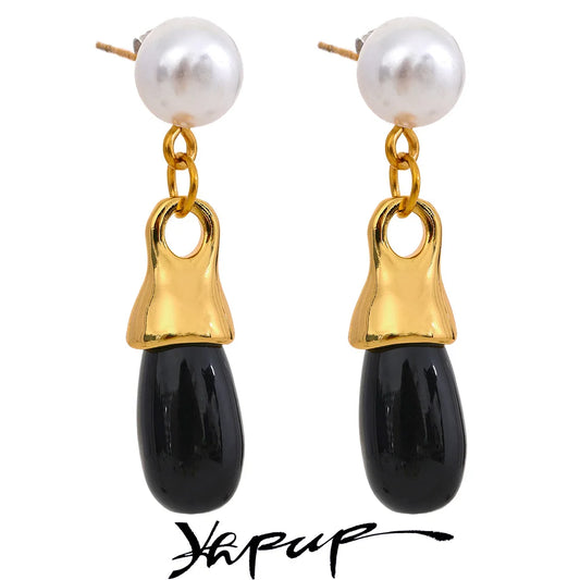 Yhpup Vintage Imitation Pearls Stainless Steel Black Crystal Geometric Drop Earrings Fashion Temperament Jewelry Gala Gift