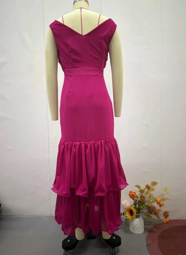 Dresses for Women 2025 Temperament Elegant Off Shoulder Ruffles Tiered Ankle Length Sleeveless Ruffle Edge Party Evening Dress