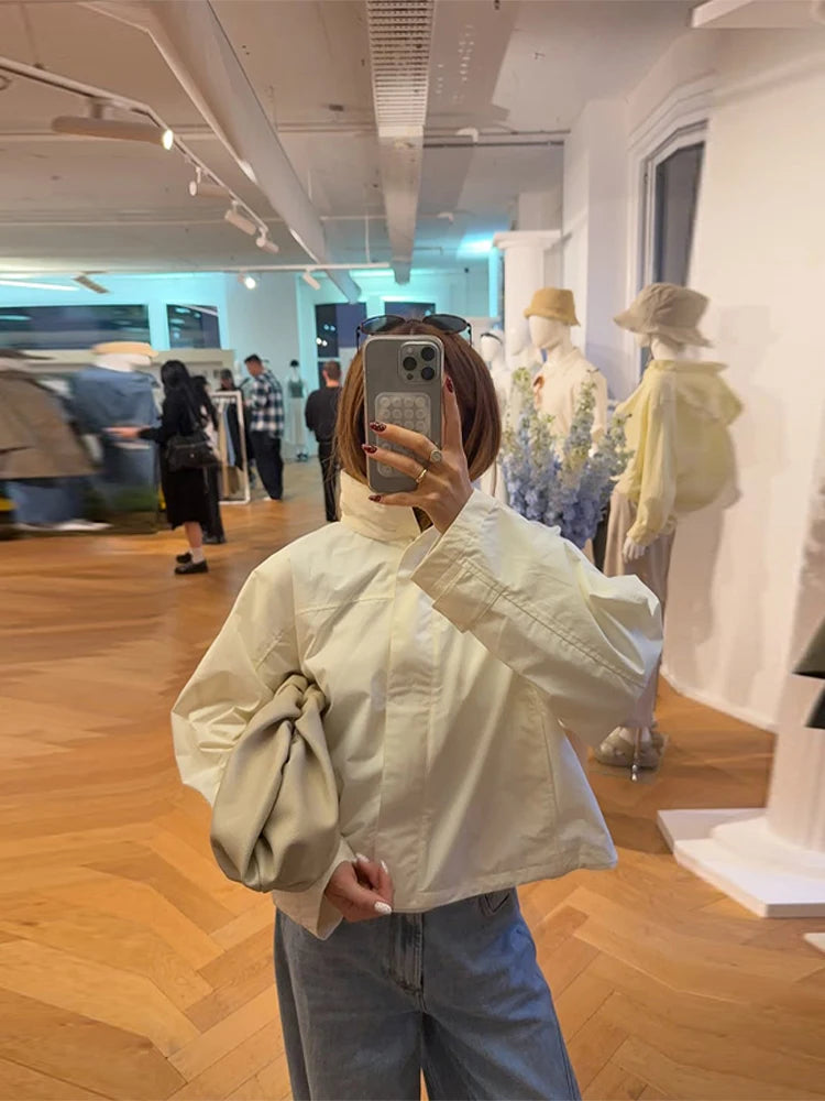 Cropped Bomber Jacket Thin Coat Women Loose Fit Stand Collar Solid Women's Top Autumn Outerwear Casual Daily Streetwear