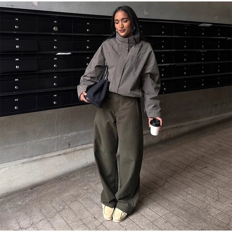 Cropped Bomber Jacket Thin Coat Women Loose Fit Stand Collar Solid Women's Top Autumn Outerwear Casual Daily Streetwear