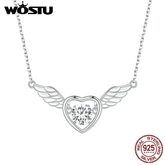 WOSTU 925 Sterling Silver Angel Wings Heart Pendant Necklace For Woman White Crystal Charms Girl Neck Chain Minimalist Jewelry