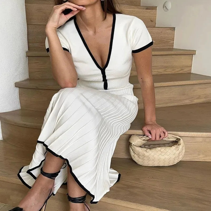 Summer Women White long Skirt Suit Short Sleeve V-neck crop top pleated set elegant dress 2 piece skirt set