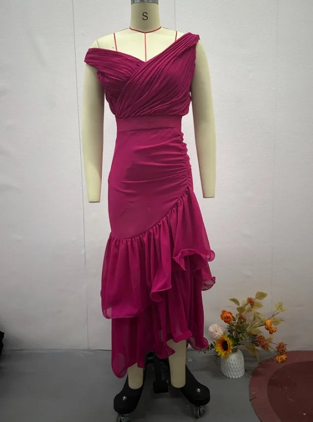 Dresses for Women 2025 Temperament Elegant Off Shoulder Ruffles Tiered Ankle Length Sleeveless Ruffle Edge Party Evening Dress