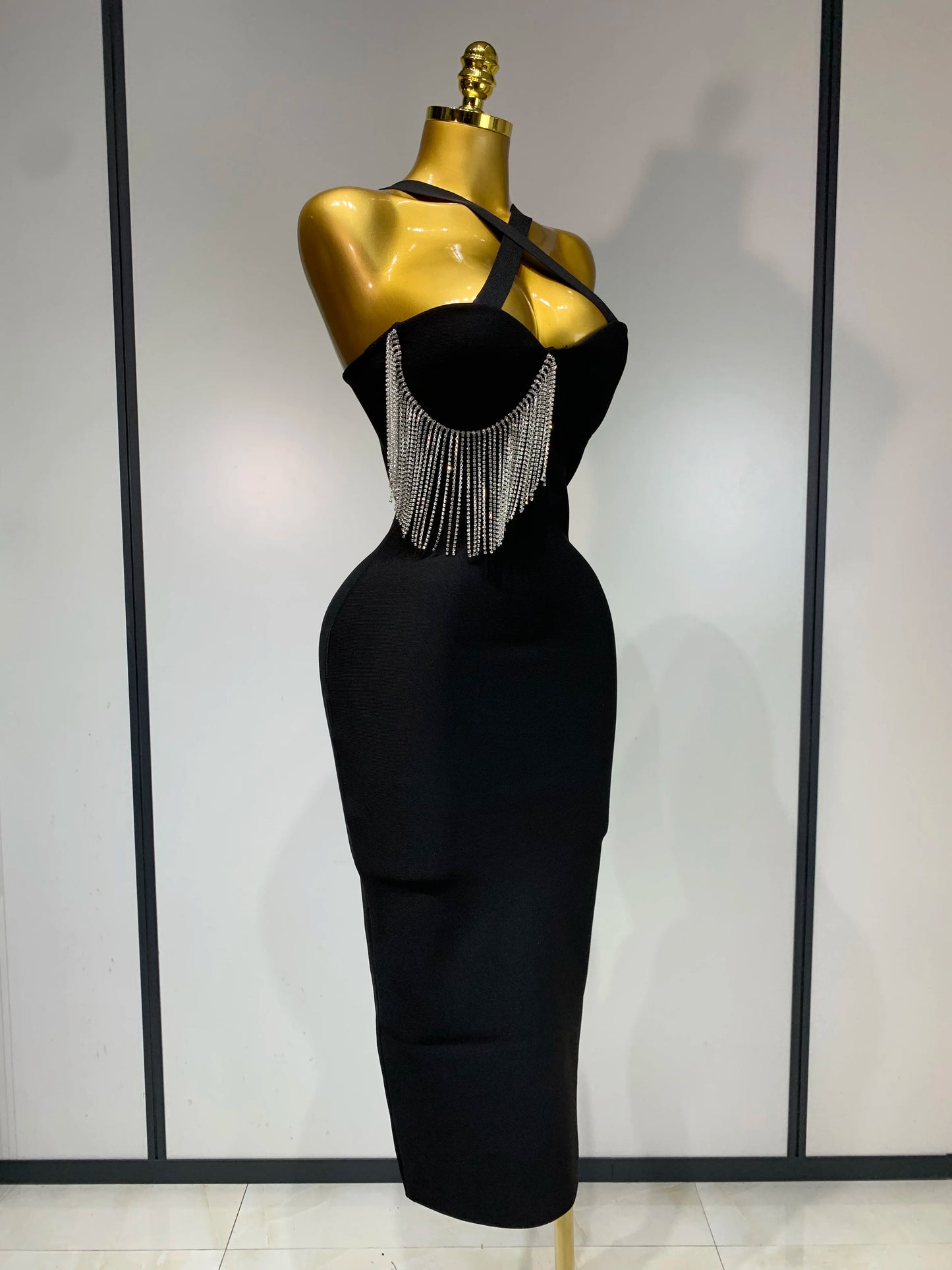 Women Sexy Diamonds Tassel Crystal Midi Black Bodycon Bandage Dress 2025 Elegant Evening Party Luxury Birthday Dresses Vestido