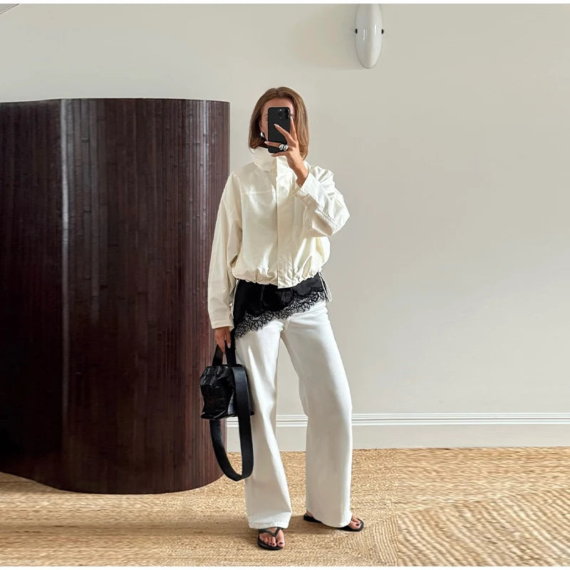 Cropped Bomber Jacket Thin Coat Women Loose Fit Stand Collar Solid Women's Top Autumn Outerwear Casual Daily Streetwear