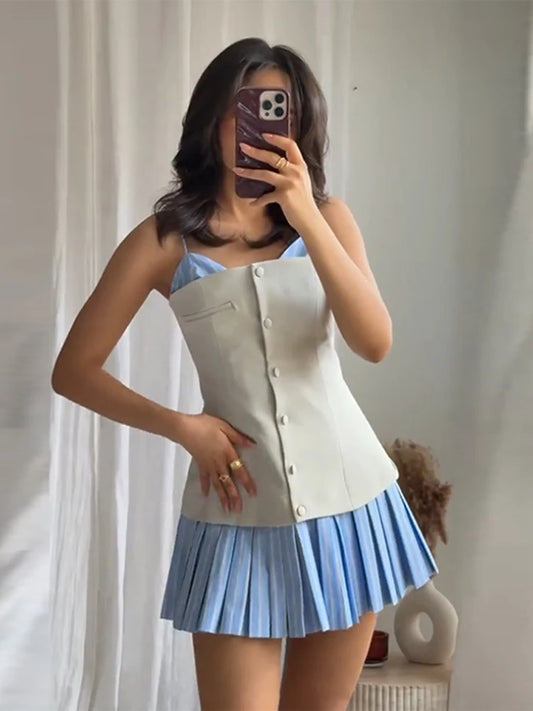 Fashion Contrast Color Patchwork Pleated Short Dress Women Elegant High Waist A-line Evening Party Dress Holiday Lady Vestidos