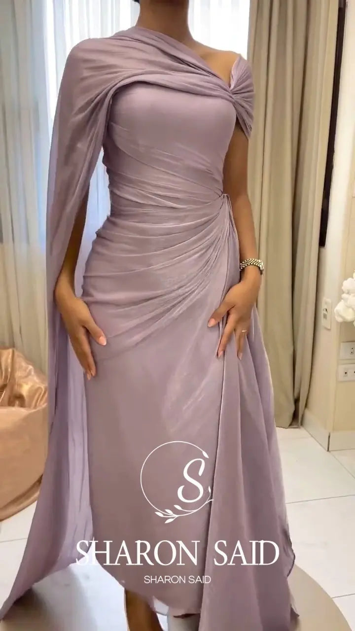 Sharon Said Elegant Lilac One-Should Dubai Evening Dress with Draped Cape Arabic for Women Wedding Dress Gown SF199 Customized