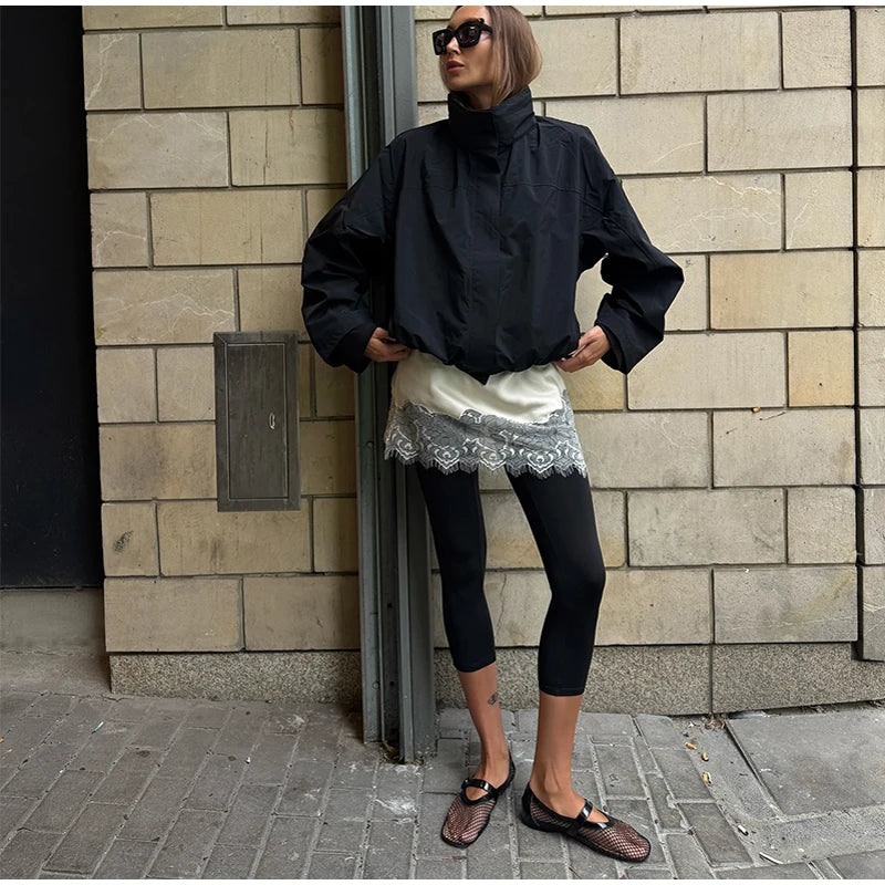 Cropped Bomber Jacket Thin Coat Women Loose Fit Stand Collar Solid Women's Top Autumn Outerwear Casual Daily Streetwear