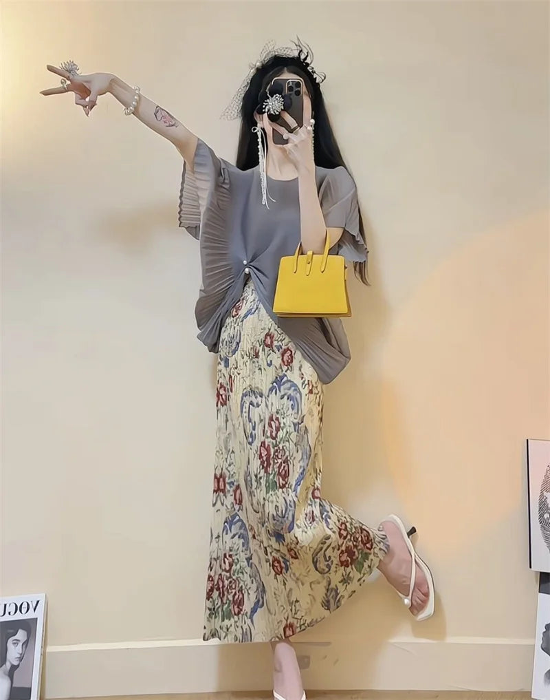 Dresses Elegant Party Dresses Woman New Summer Dress Wearing a Slim Gray Pleated Short-sleeved Shirt Printed Skirt Suit Dress