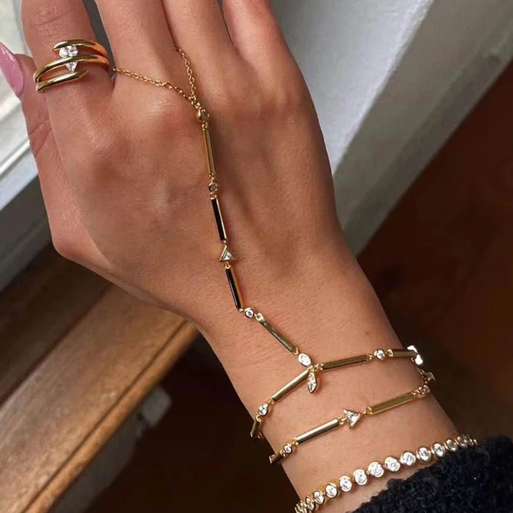 High Quality Long Tassel With Slippy Bar Bling Round Oval Triangle CZ Setting Women Unique Bracelet Wrap One's Finger Jewelry