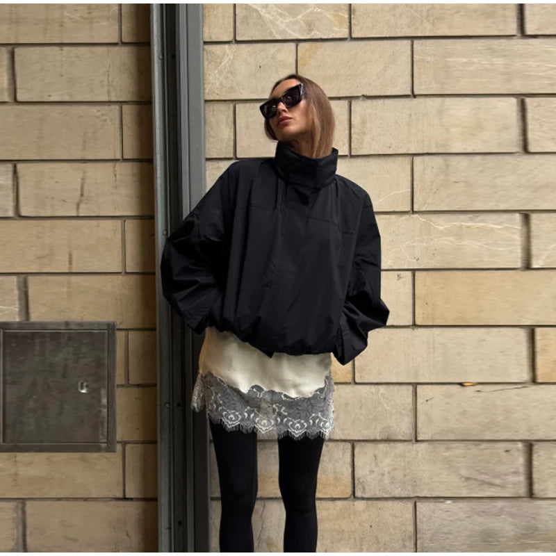 Cropped Bomber Jacket Thin Coat Women Loose Fit Stand Collar Solid Women's Top Autumn Outerwear Casual Daily Streetwear