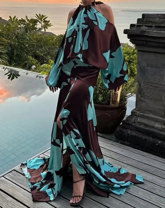 Evening Dresses  Vacation Style Elegant Socialite Printed Off Shoulder Slit Dress