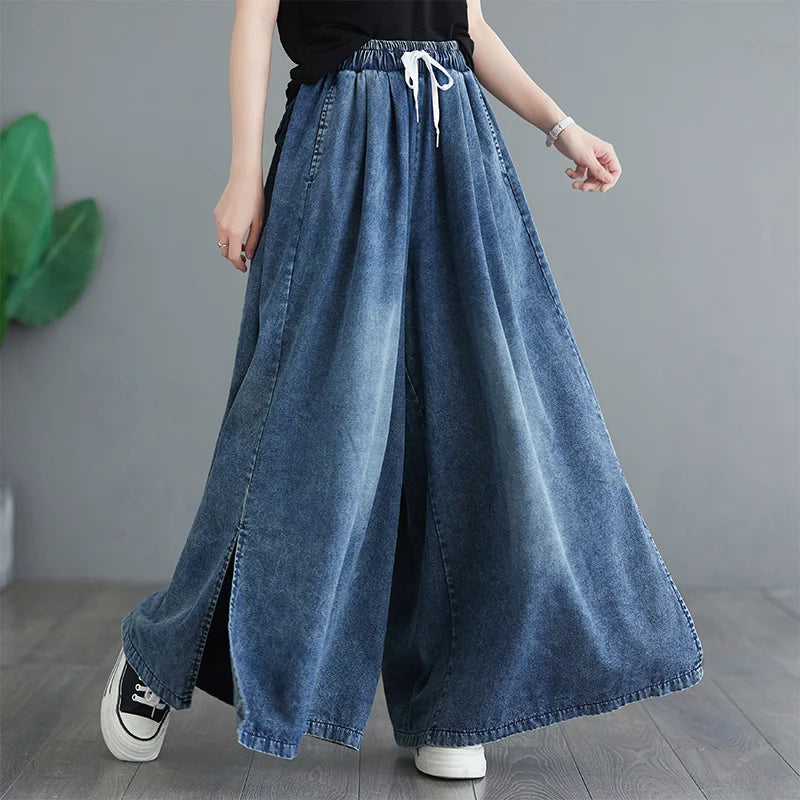 NYFS 2025 New Autumn Vintage Woman Jeans Loose Plus size Slit Trousers Elastic Waist Belt Denim Wide Leg Pants (Copy)