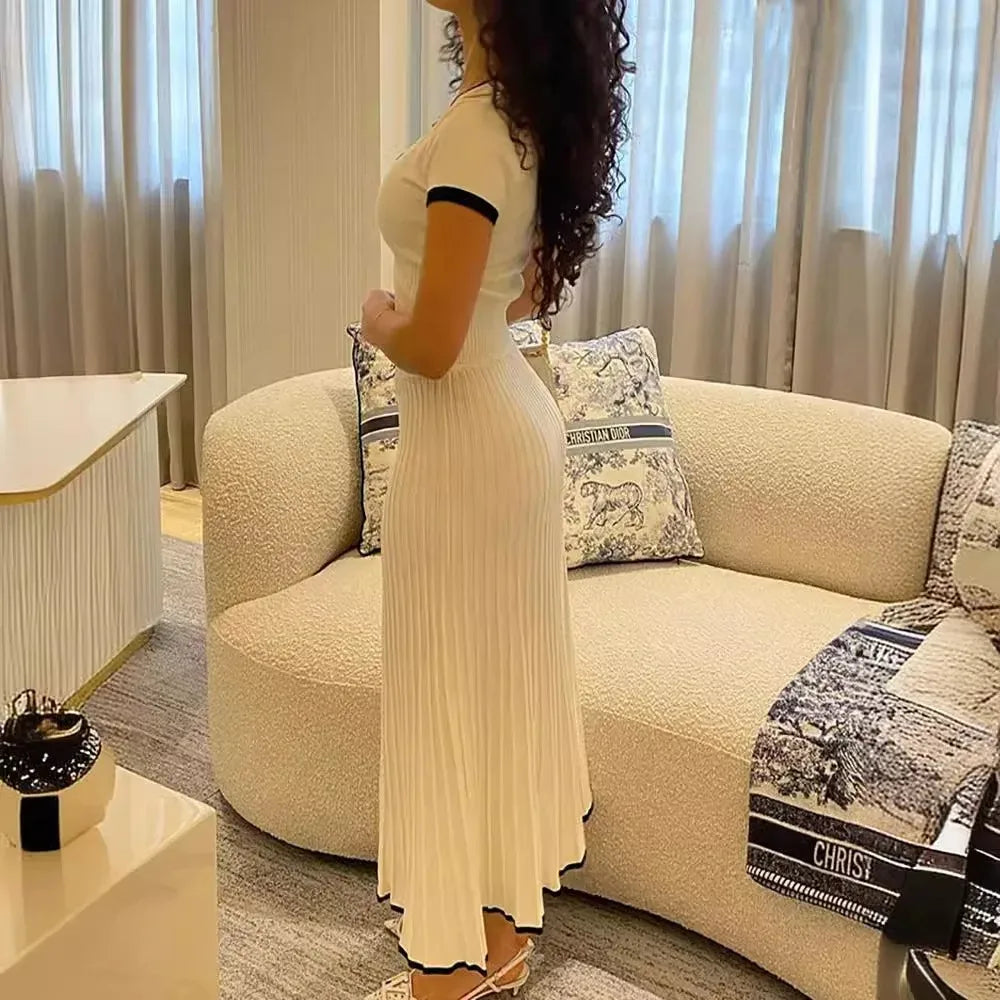 Summer Women White long Skirt Suit Short Sleeve V-neck crop top pleated set elegant dress 2 piece skirt set