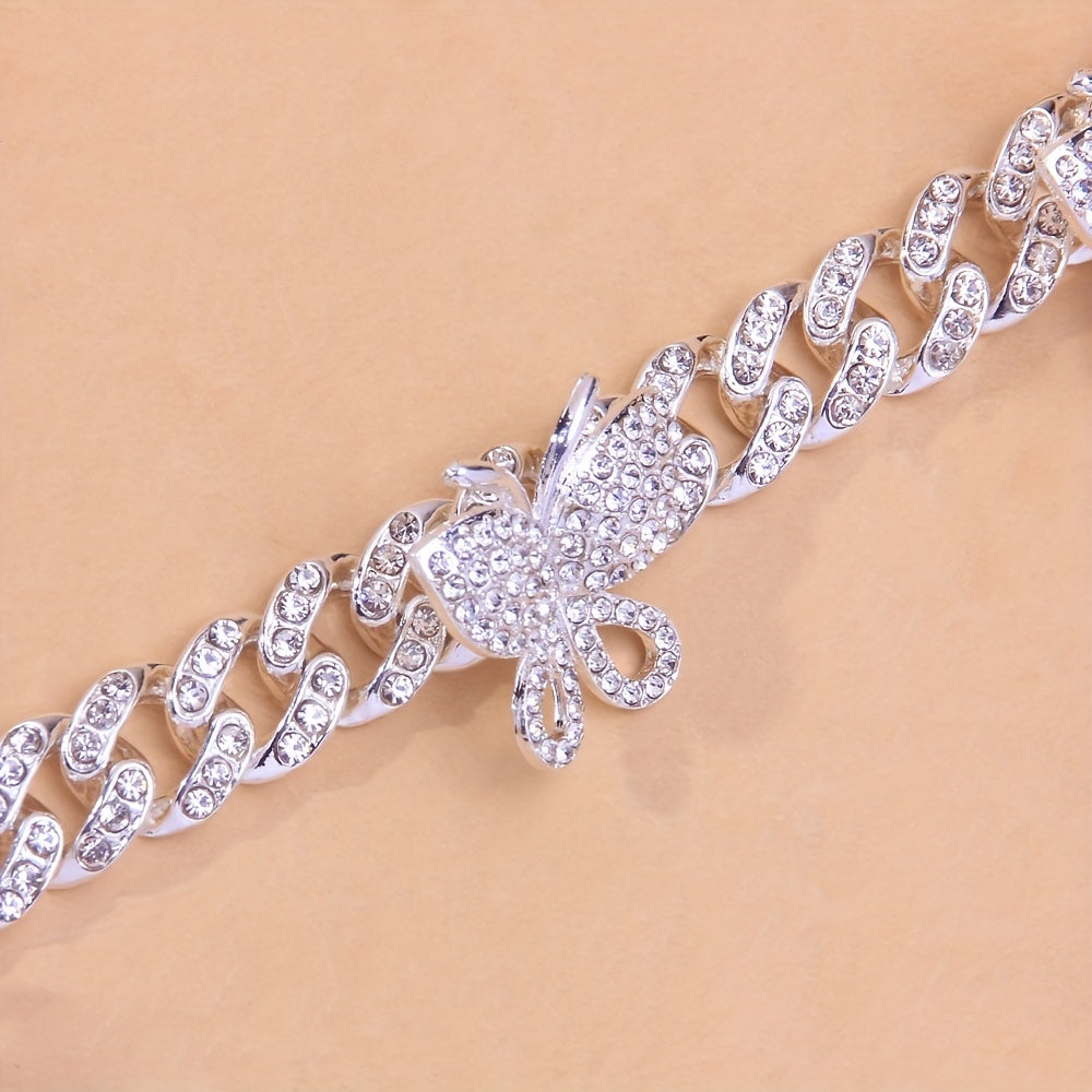 Exquisite Butterfly Claw Cuban Chain Anklet - Inlaid with Shiny Rhinestones, Hip Hop Style, Animal Theme, Adjustable Ankle Bracelet for Women, Fashion Jewelry Accessory