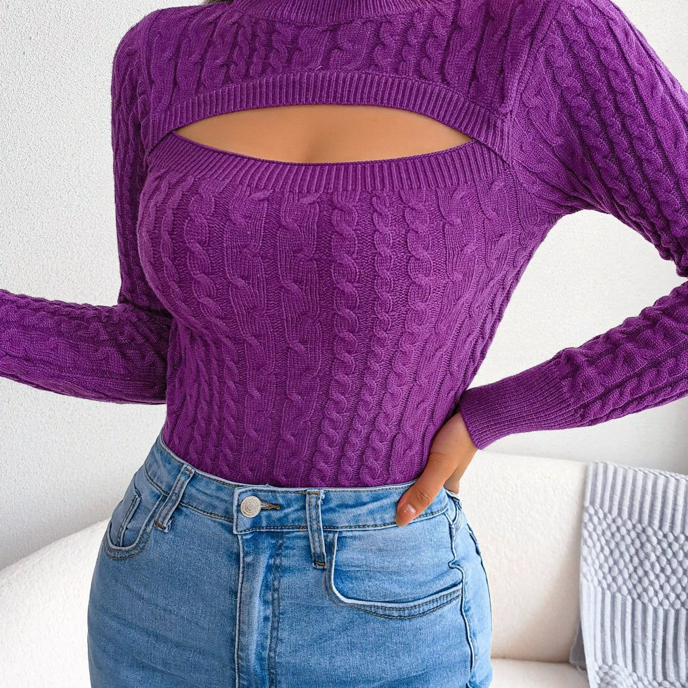 Long Sleeve High Stretch Acrylic Blend Women's Sexy Hollow-Out Knit Pullover Sweater, Skinny Fit, Solid Color, Spring/Fall Fashion Top, Crew Neck, Polyester 28%, Polyamide 22%, Viscose 28%